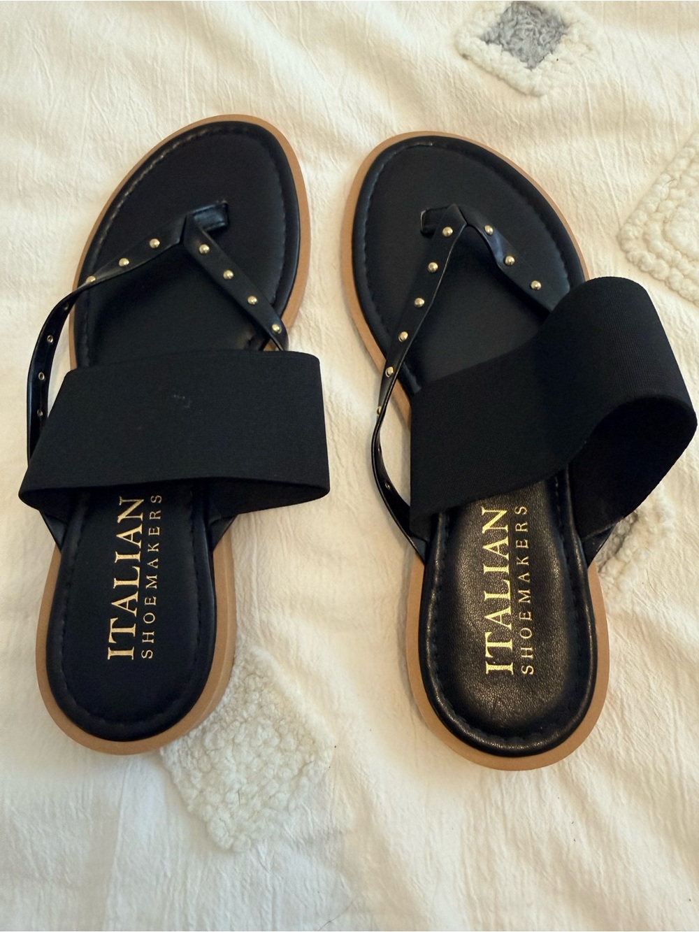 Italian Shoemakers Black Slide Sandals with Gold Studs